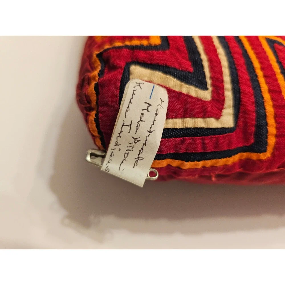 Handmade Kuna Indian Mola Pillow Red Geometric‎ Folk Art Panama 16x13